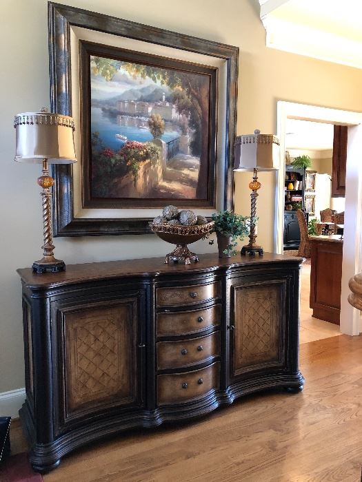 Hooker hand painted buffet, original oil painting coastal scene, buffet lamps