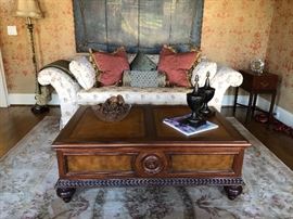 Ethan Allen leather top rectangle coffee table with storage, Ethan Allen custom upholstered sofa