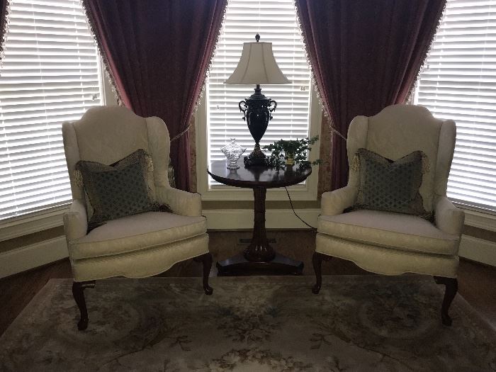 Pair of Ethan Allen wing back chairs in matelasse paisley upholstery