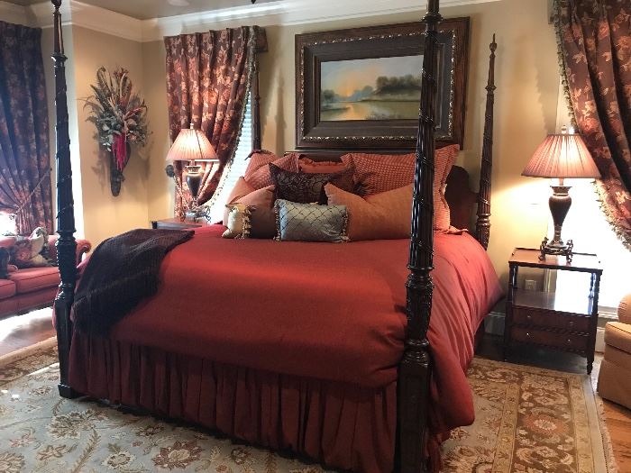 Ethan Allen King size Newport Laurel Bed, Custom King size bedding-comforter, bed skirt, shams, euro shams and throw pillows