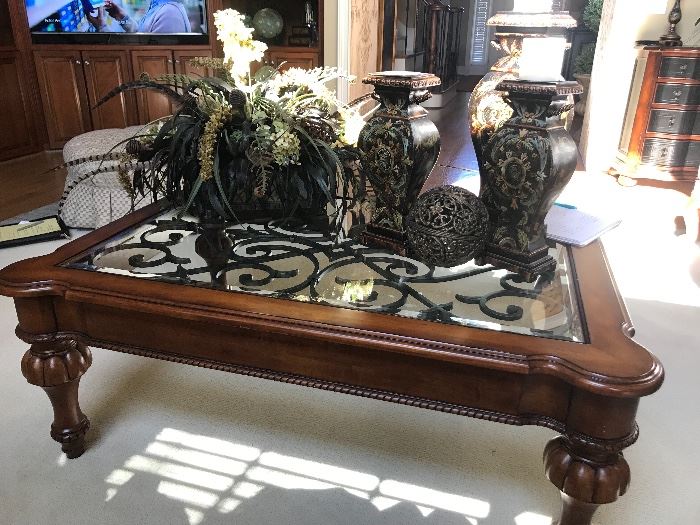 Ethan Allen glass top with metal accents coffee table
