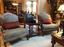Pair Ethan Allen Bergere Chairs, large ming horse on pedestal