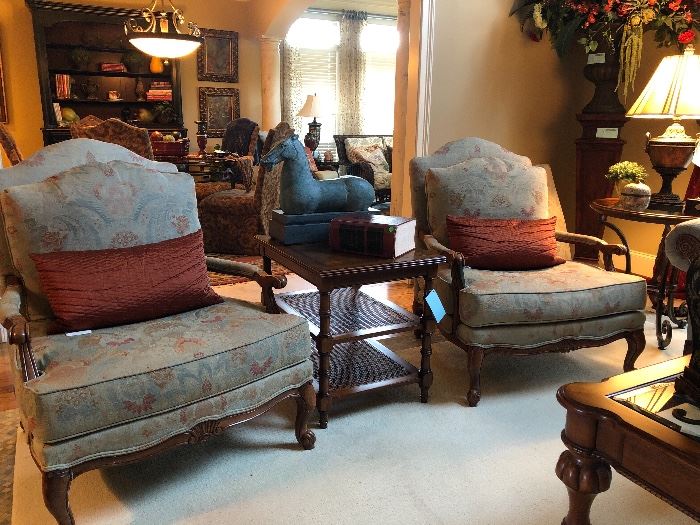 Pair Ethan Allen Bergere Chairs, large ming horse on pedestal