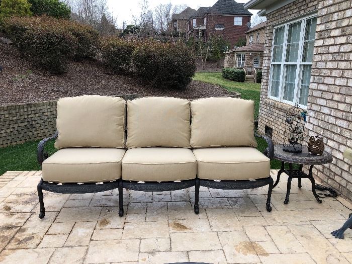 Firehouse Casual Living patio furniture-sofa, 2 chairs, ottoman, 2 end tables, fire pit table, table with 4 chairs, bench -BRAND NEW custom Sunbrella cushions
