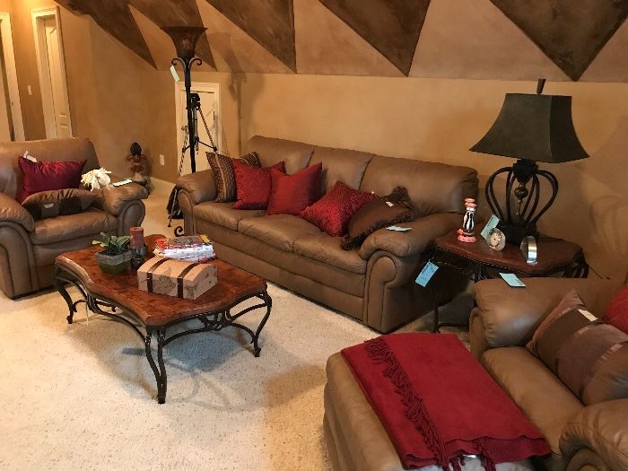 Ethan Allen leather sofa, 2 chairs and ottoman 