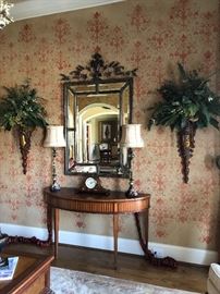 Ethan Allen demilune table, metal regency style mirror, custom floral sconces