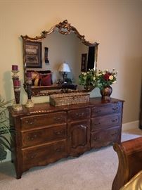 Ethan Allen French Country chest, Large regency style gold mirror