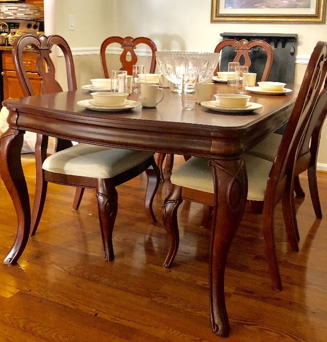Gorgeous dining set was $4,500 TWO YEARS AGO!!  
NOW ASKING $475!! 
Includes 6 outstanding  chairs, and generously large leaf!! CAN EASILY SEAT 8!