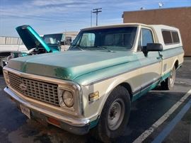 #55: 1972 Chevy C20, 350 Eng. Turbo 400 Trans, 14 Bolt Corporate Rear End, See Description for More Info!
VIN: CCE242Z179226
Mileage: 17,333 TMU

Custom CST Camper for 1973 Chevy/GMC for 1973/1989, factory air conditioning, parts recently replaced(not functioning), front bearings, hubs, discs, calipers, and rear brakes replaced a year ago. All engine parts are OEM GM, with 350 engine, Turbo 400 trans, and 14 bolt corporate rear end,. Only driven 1,600 miles a year according to owner. New battery. new windshield wipers. Includes the parts for glove box glove was removed to repair vacuum lines. General Grabber Tires with plenty of tread

DMV registration: $15 and $70 doc fees