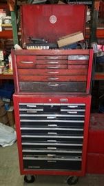 #501: Mac Tools Top Box and Rolling Craftsman Tool Box Full of Tools
With Key. Measures approx 27" x 18" x 58" Includes Snap-on, Blue Point and Craftsman Tools Handles for Right drawers and inside the drawer