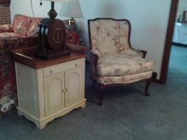 TWO DOOR COMMODE TIGER MAPLE TOP $95.00 UPHOLSTERED SIDE CHAIR $55.00