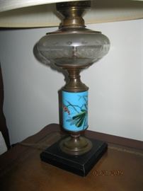 Painted glass pedestal converted oil lamp with etched glass recepticle