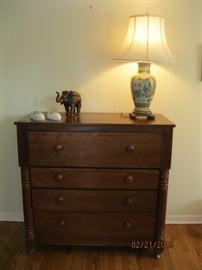 Hand Made, Ca. 1820 Chest. Large drawer above three graduated drawers. Half columns flank lower drawers. Paneled sides
