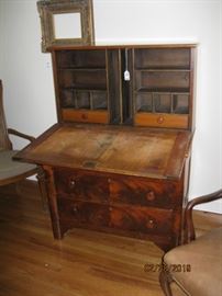 Drop Front Plantation Desk, Ca: 1830-40. Flame Mahogany drawer fronts.