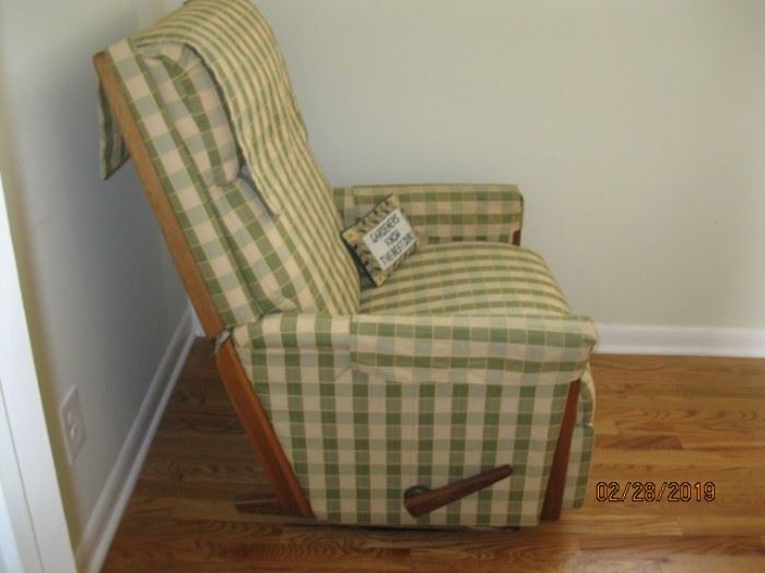 Late 60's - early 70's clean lines recliner. Has been reupholstered, and no remaining mfg. name found.