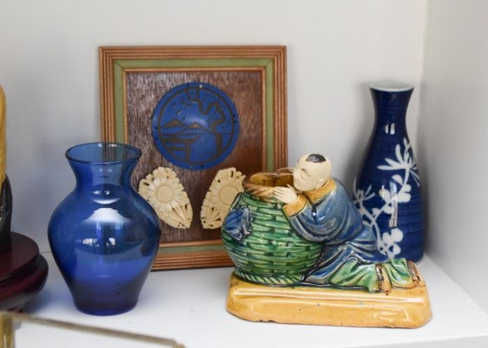 Blue Glass Vase, Vintage Chinese Glazed Pottery Figure, Japanese Saki Bottle 