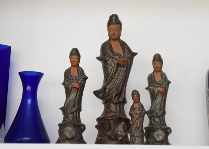 Vintage Chinese Ceramic Clay Guanyin Figurines / Statues, Blue Glass Vases