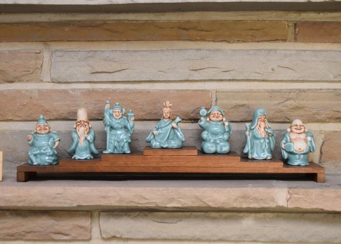 Vintage Chinese Glazed Pottery Figurines with Wooden Display Stand