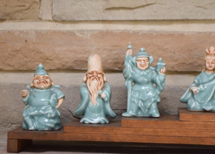 Vintage Chinese Glazed Pottery Figurines with Wooden Display Stand