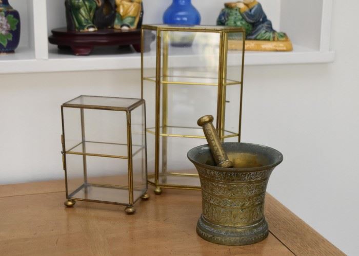 Brass & Glass Miniature Display Cases, Brass Mortar & Pestle 