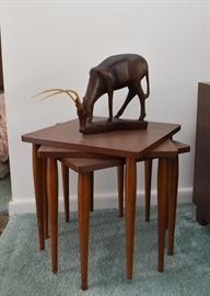 Set of 3 MCM Nesting Tables, African Wood Carving