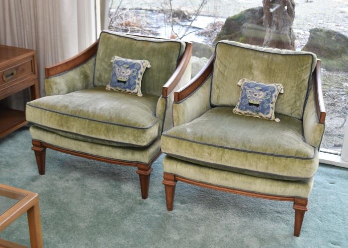 Pair of Vintage Upholstered Armchairs, Green with Blue Trim