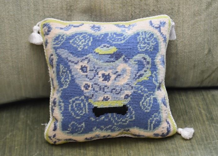 Pair of Needlepoint Pillows (Blue Teapots)