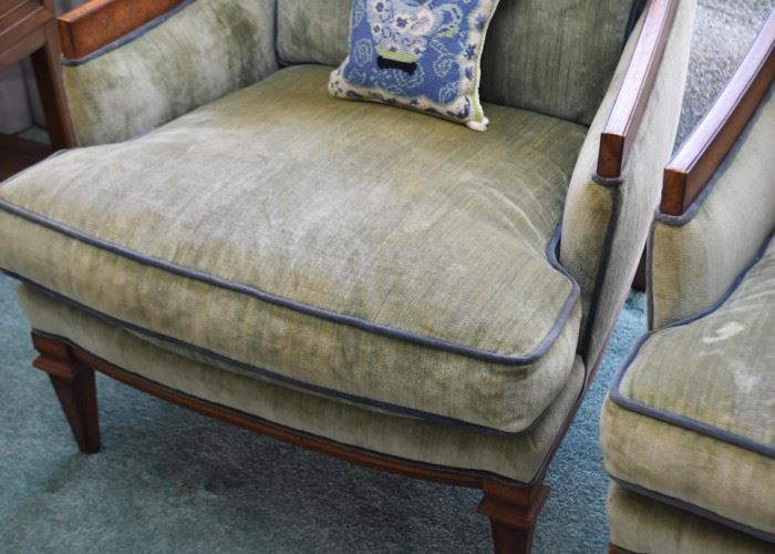 Pair of Vintage Upholstered Armchairs, Green with Blue Trim
