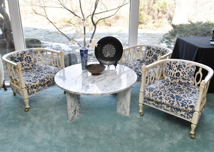 Vintage Italian Marble Cocktail Table, 3 Vintage Barrel Chairs with Blue & White Upholstery