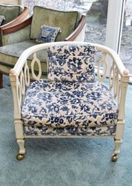 Set of 3 Mid Century Barrel Chairs on Casters (Blue & White Upholstery)