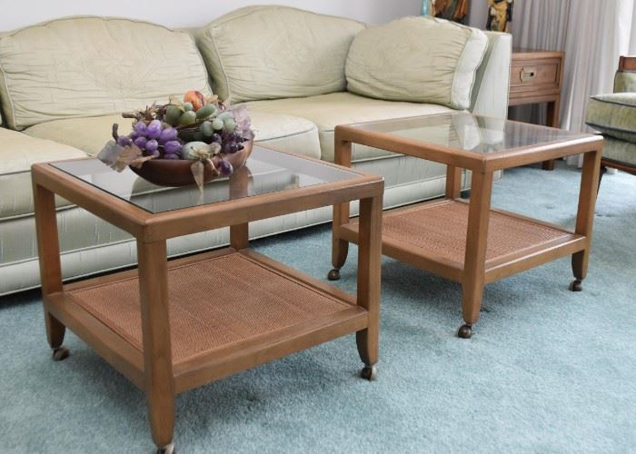 Vintage Pair of End Tables on Casters (Glass Top, Rattan Lower Shelf)