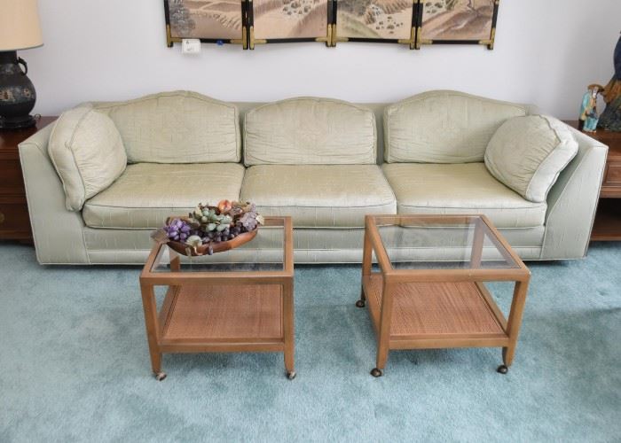 Vintage 3-Seat Sofa (Celadon Color), Vintage Pair of End Tables on Casters (Glass Top, Rattan Lower Shelf)