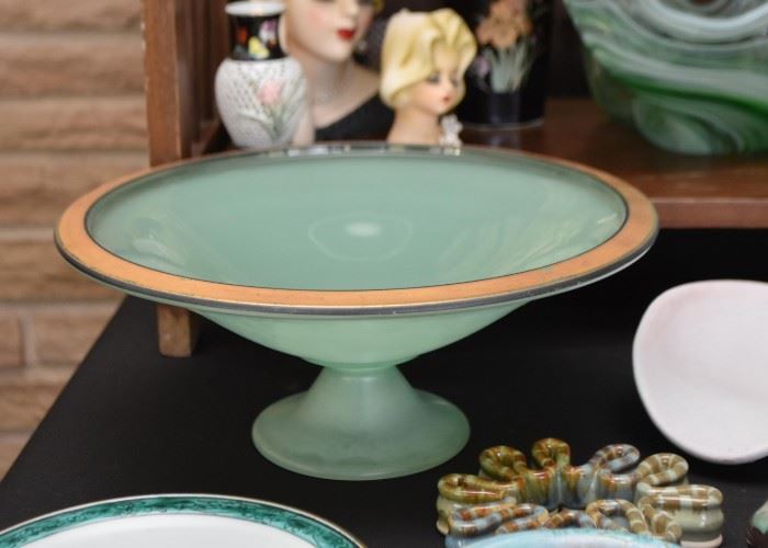 Vintage Glass Pedestal Bowl / Centerpiece with Gold Rim (Jadeite Color)