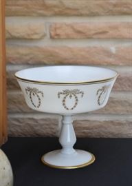 Vintage White Milk Glass Pedestal Dish with Gold Accents