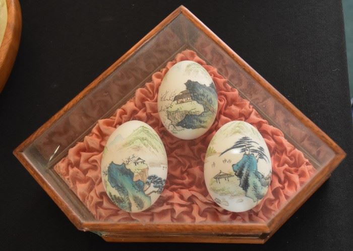 Chinese Hand Painted Eggs in Display Case