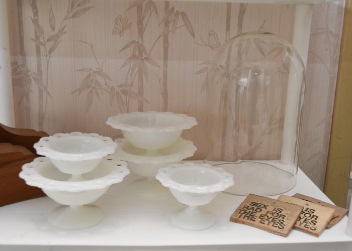 White Milk Glass Pedestal Bowls, Glass Display Dome