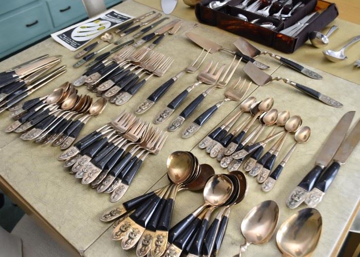 Large Set of Siam Bronze Flatware & Serving Pieces (Thai Art Bronze Tableware)