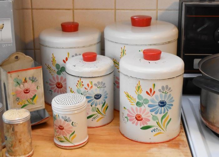 Vintage 1950's Ransburg Hand-Painted Tin Canisters