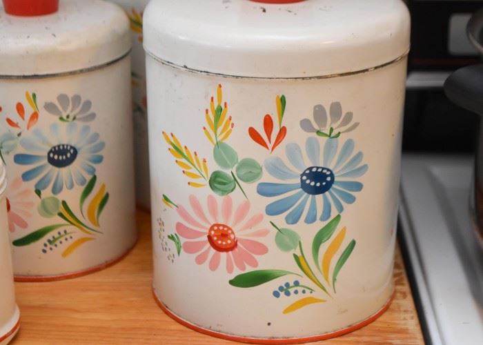 Vintage 1950's Ransburg Hand-Painted Tin Canisters