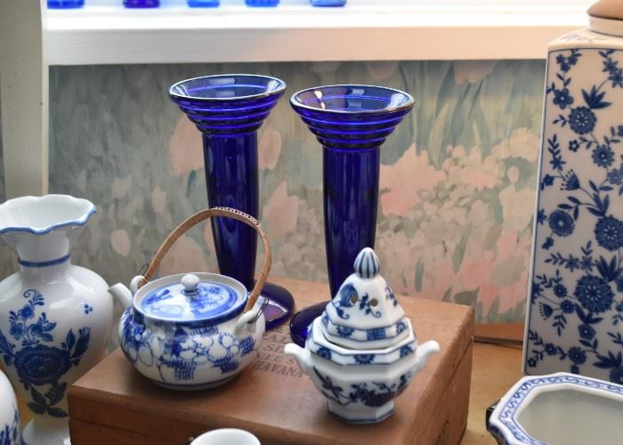 Blue Glass Candlesticks, Blue & White Pottery & Porcelain (Delft, Chinese, Japanese, Asian, Etc.)
