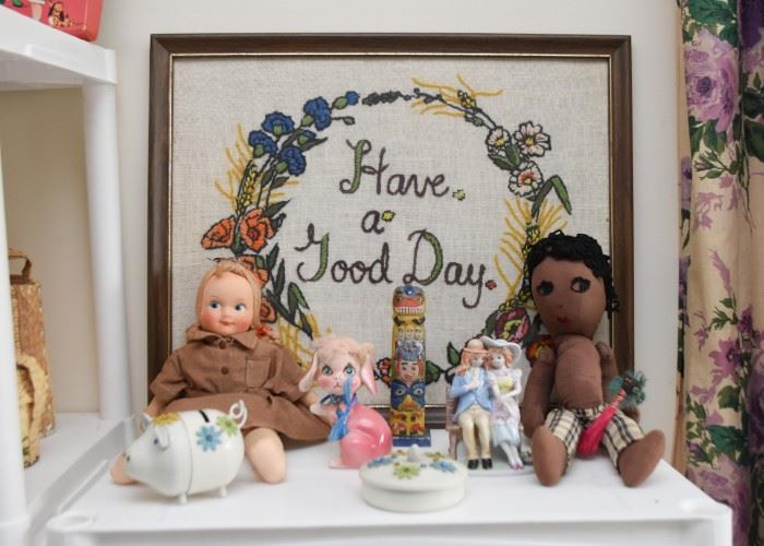 "Have a Good Day" Framed Embroidery (SOLD) Dolls, Piggy Bank, Figurines, Etc.