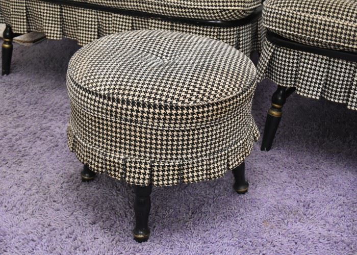 Country Style Settee, Chair & Ottoman (Black & White Check Upholstery)
