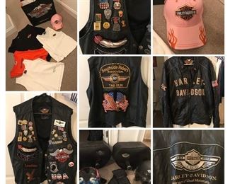 Ladies & men's Harley Davidson items. Leather vest is XL, HD 100th Anniversary 2XL, I believe the ladies shirts are LG-XL, also available HD coffee mug. 