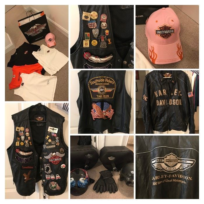 Ladies & men's Harley Davidson items. Leather vest is XL, HD 100th Anniversary 2XL, I believe the ladies shirts are LG-XL, also available HD coffee mug. 