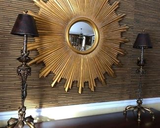 Sun Burst Mirror, Pair of Ornate Lamps w/ Birds, Lizards & Dolphins