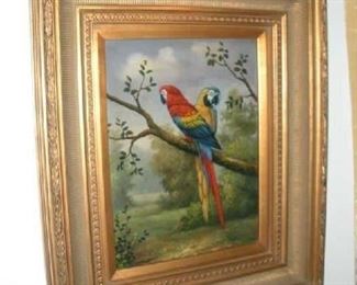 Dining Room:  The bird painting with frame and art light measures 21" x 25."  It was originally purchased at BAKER ODDS & END.