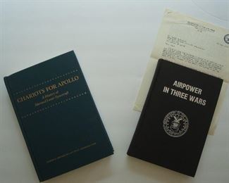 Collectibles in Kitchen:   Left:  RARE Book/FIRST Edition:  CHARIOTS FOR APOLLO/National Aeronautics and Space Administration, 1979
-This is a history of APOLLO, America's  program to land men on the moon and get them safely back to the earth.  In May 1961, President Kennedy gave the signal for planning and developing the machines to do just that. The book describes the decisions and actions of men and women that led to the creation and operation of the complex machines associated with Apollo.  The book on the right:  "AIRPOWER in Three Wars" by General William W. Momyer, USAF, RET., 1978, is dedicated to "all those brave airmen who fought their battles in the skies for control of the air in World War II, Korean and Vietnam."  It is inscribed:
"To Sandy McDonnell, a long time in the writing
but necessary to tell the story of airpower.
Spike Momyer 6/14/78"
-It includes a personal typewritten letter (June 15,
1978) to Sandy McDonnell from Momyer. 