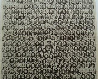 Collectibles-in Kitchen:   This vintage pictorial measures 16" x 20."  It shows the early Settlers of Bureau County, Illinois.  On the back, it is written in pencil:  "Early settlers of Bureau County, Illinois.  Chief Shabbona (center photo) was the Indian Chief who was kind to the settlers. Grandfather Jay gave him a high silk hat which he prized very highly.  Once, when the hostile Indians were coming and the guys had to flee to the fort, the hat, which had
been given to Grandmother Jay for safe-keeping, was left behind and was destroyed along with everything else in the house. Grandmother Jay said the hardest thing she ever had to do was to tell the Chief that his hat was gone!
"The dates under the picture dates when the settlers came to the county.  Grandfather Jay built the first house in Peoria, Ill."  (It is believed this is from Randy McDonnell's maternal side of the family.)    