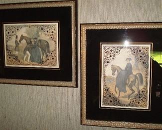 Family Room:  These are two of four available antique reverse-painted riding scenes.  Each one is priced individually and measures 15-1/2" x 18".