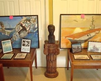 Bedroom #1-Upstairs:  Two large paintings of aircraft carriers and an airplane were done by Randy McDonnell when he was 14 years old.  A bust of Randy is on the column pedestal.  Also shown are several photos of planes and one aircraft carrier.